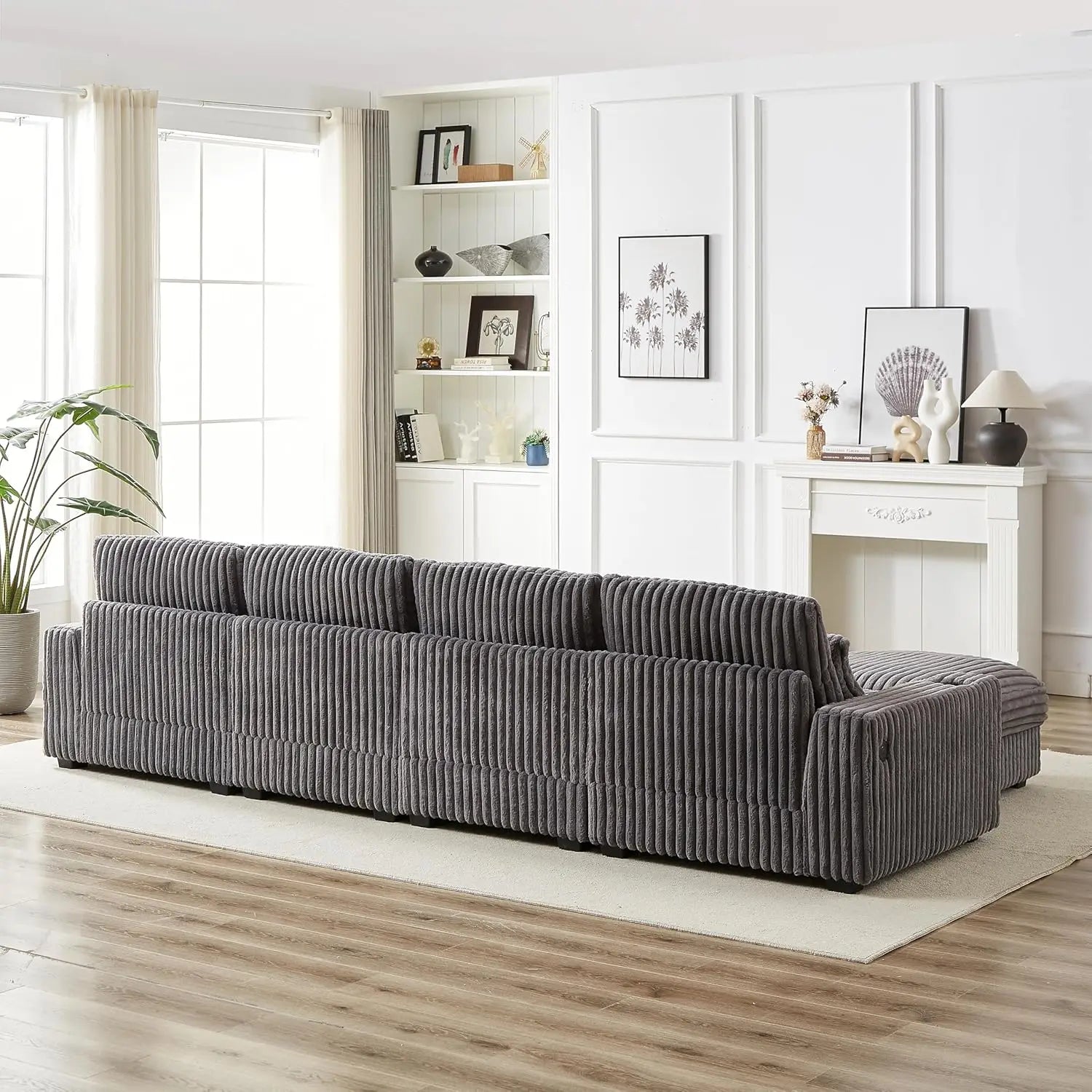 128'' L Shaped Modular Sectional Sofa, Oversized Corduroy Couch with Cup Holders and Charging Port, 4-Seater Sofa with Ottoman