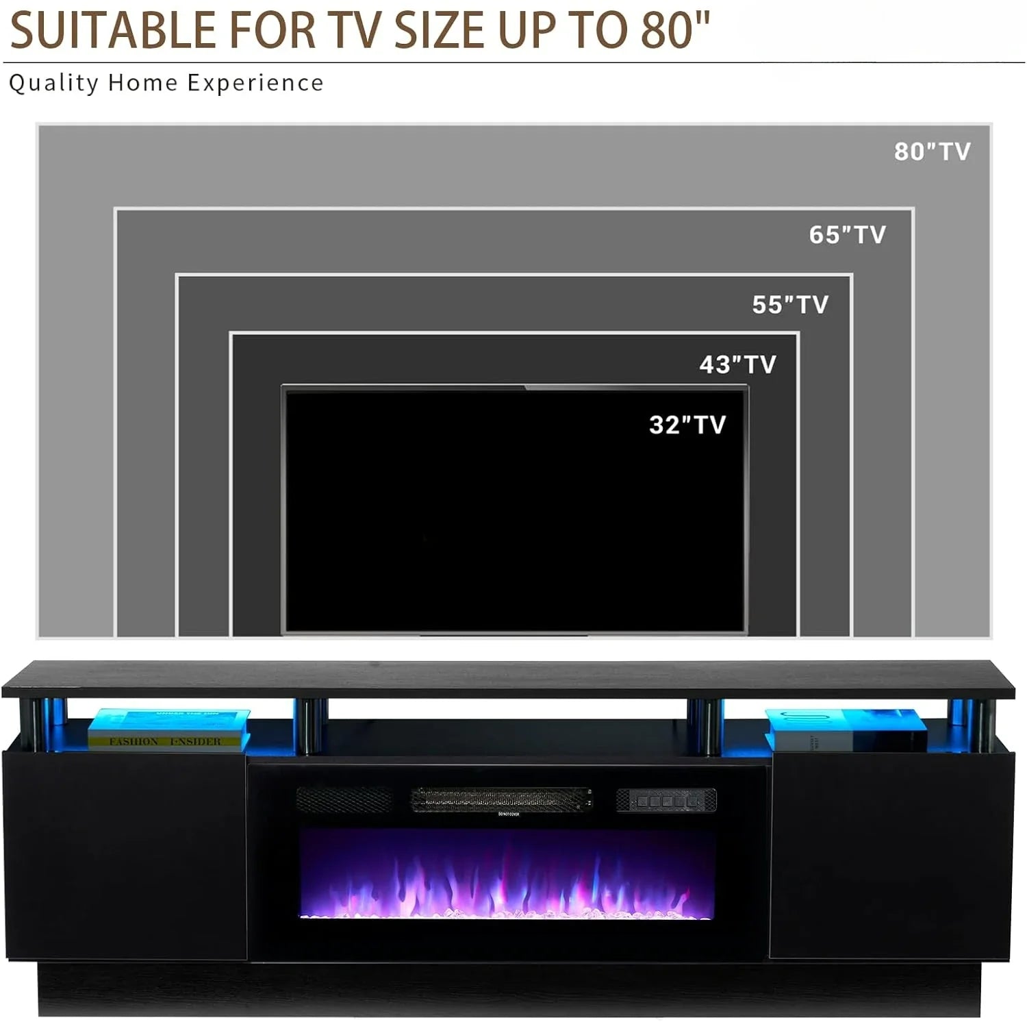 70" Electric Fireplace, LED Light Entertainment Center, 2 Tier Console Stand for TVs Up to 80", Black Modern TV Stand