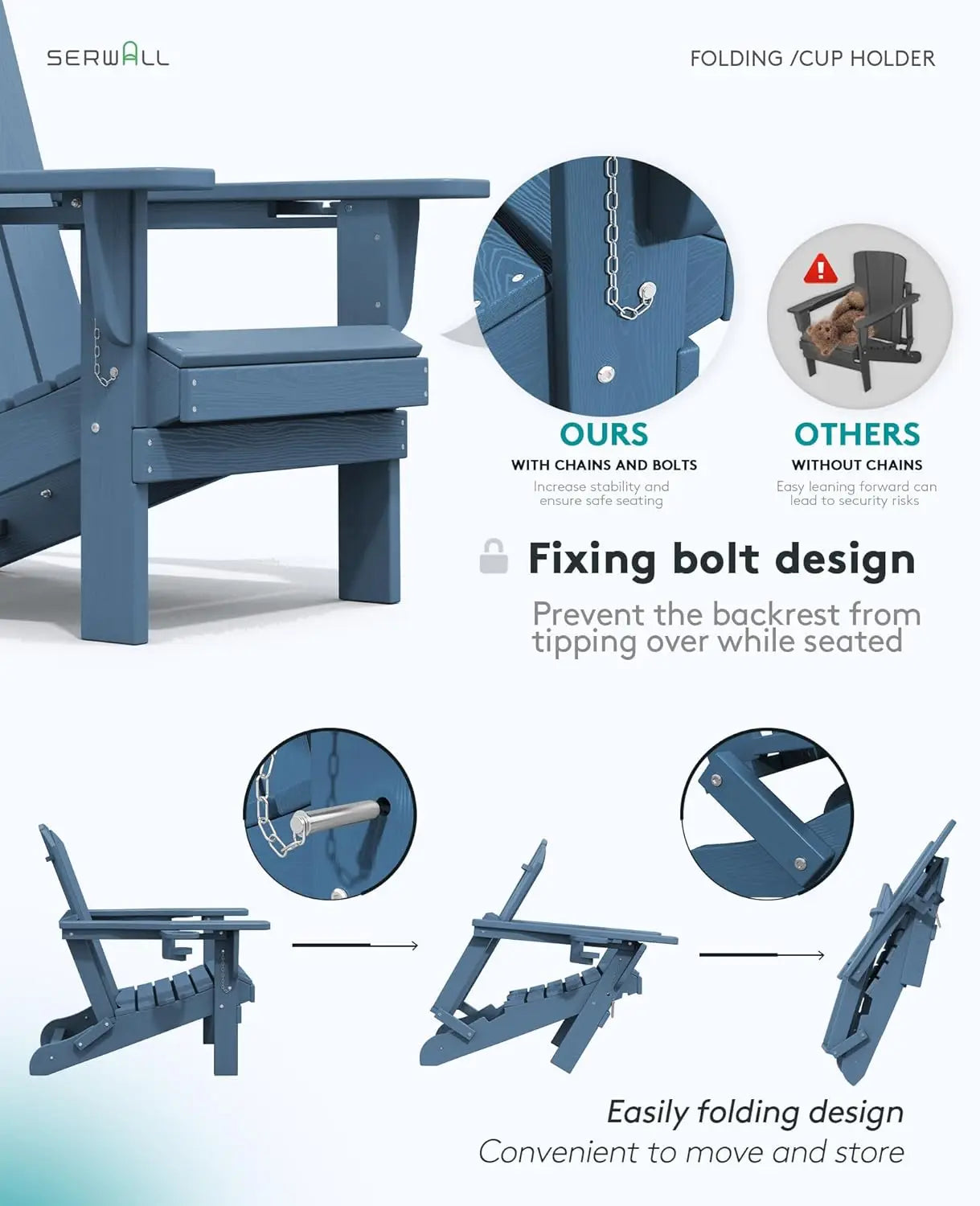 Folding Adirondack Chair, HDPE Adirondack Chairs Set of 4, Plastic Outdoor Chairs- Looks Exactly Like Real Wood- Navy