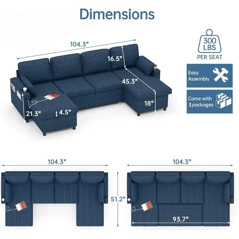 DURASPACE Sofa Bed Pull Out Couch Sleeper with Storage Chaise, with USB Charging Ports, Cup Holder