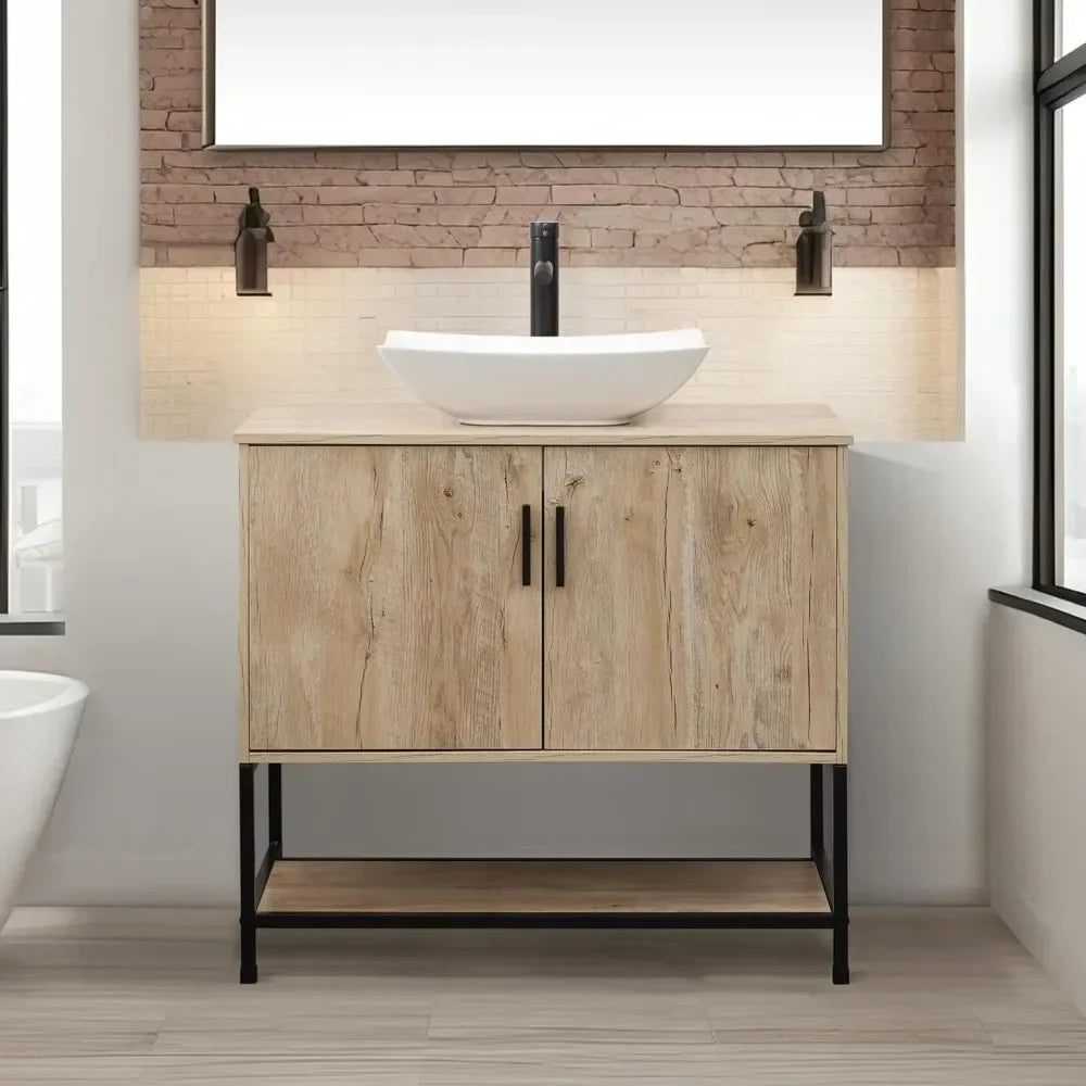 36" Bathroom Vanity,Industrial Iron Frame Bathroom Cabinet Set with Doors & Shelf,with Modern Artistic Ceramic Vessel Sink Combo