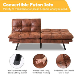 Bed, Leather Futon Couch Foldable Loveseat Sofas, Natural Brown