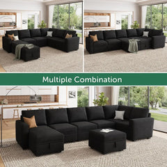 Modular Sectional Couch with Storage, Velvet U-Shaped Sectional Sofa with Storage Ottoman Convertible U-Shaped living room sofas