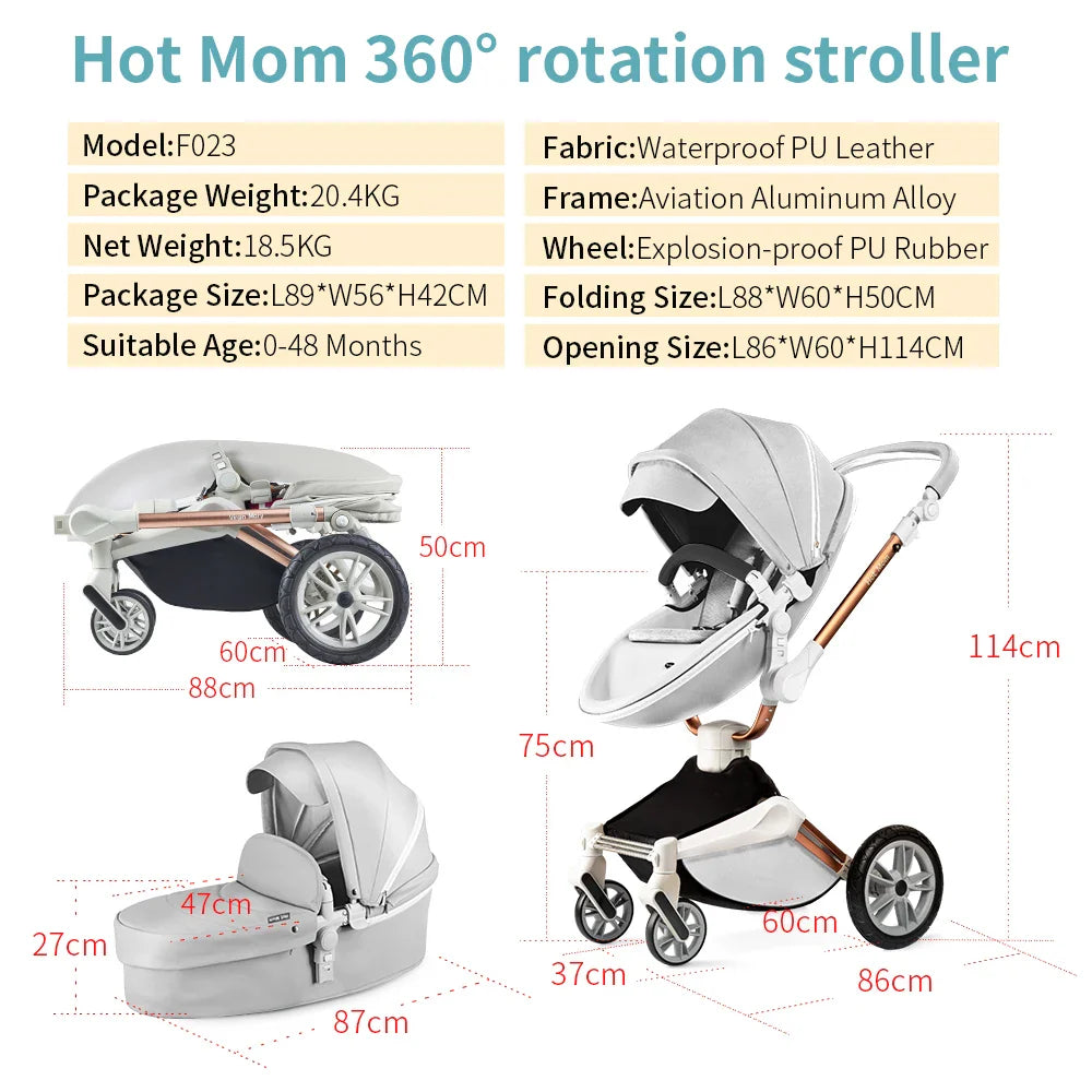 Hot Mom F023 Baby Stroller 2 in 1,Rotates 360 Degrees,PU Leather, Mosquito Net, Rain Cover, Adapter, Cup Holder, large wheels