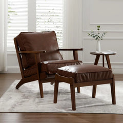 Accent Chair with Ottoman, PU Leather Living Room Chair Set with Solid Wood Frame, Comfy Upholstered Single Sofa Armchair