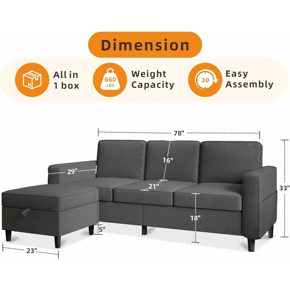 Sectional Sofa Couches for Living Room - 78'' Dark Grey 3 Seat L-Shaped Couch with Storage Ottoman