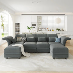 Velvet Modular Sectional Sofa,127.8" 6-Seater U Shaped Reversible Sectional Couch with Storage Chaise,High Back  Modular Grey