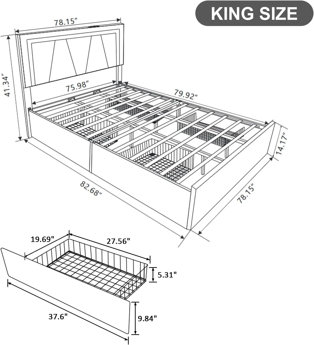 Bed Frame, Adjustable Headboard with LED Lights and 4 Stoarge Drawers, Upholstered Platform Bed with Charging Station, Bed Frame