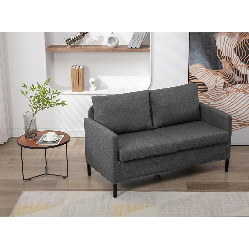 Linen Fabric Modern Small Loveseat Sofa Couch for Living Room, Little Upholstered 2-Seater Mini Love Seats w/Iron Legs