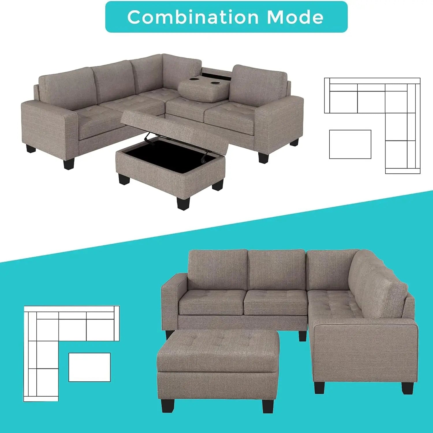 Sectional Sofa Couches with Reversible Chaise Storage Ottoman and Cup Holders, Sofa Lounge and Ottoman for Living Room Furniture