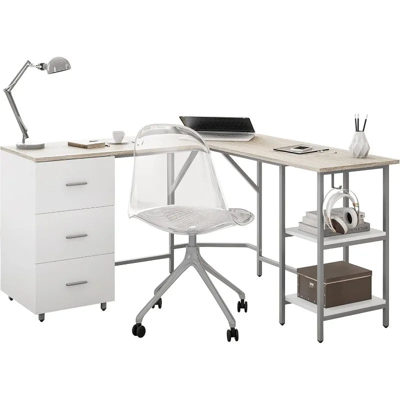 L Shaped Desk - Two-Toned Computer Desk with Drawers & Storage Shelves - Simple Modern Furniture & Home Office Space Corner Tabl