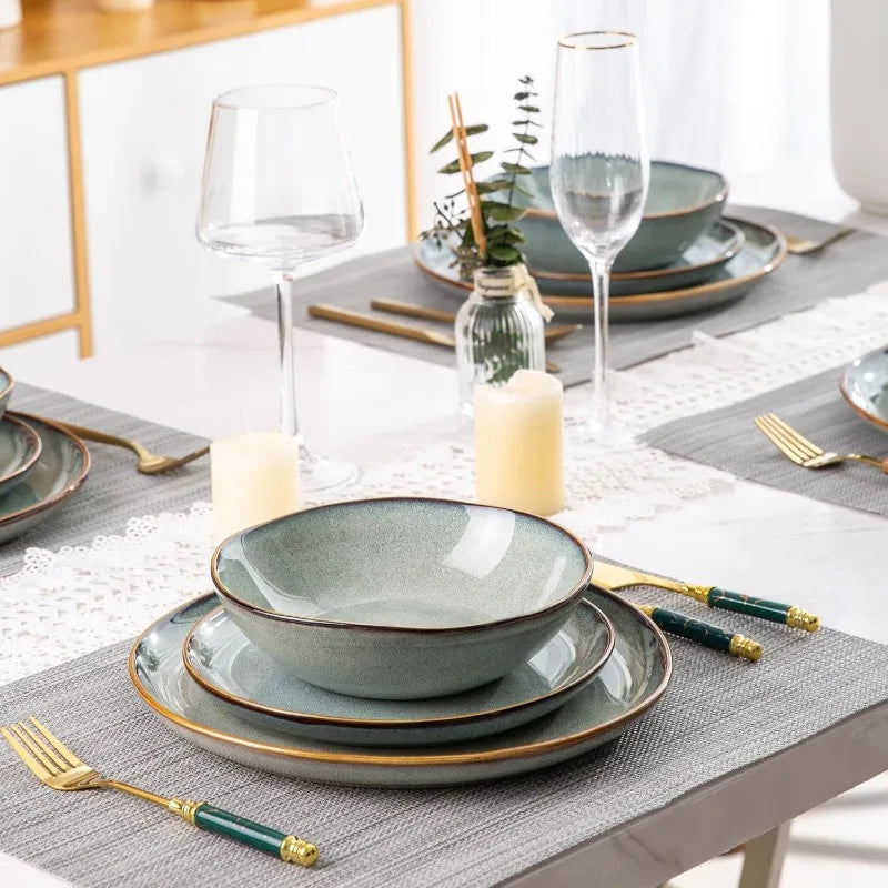 Ceramic Dinnerware Sets,Handmade Reactive Glaze Plates and Bowls Set,Highly Chip and Crack Resistant