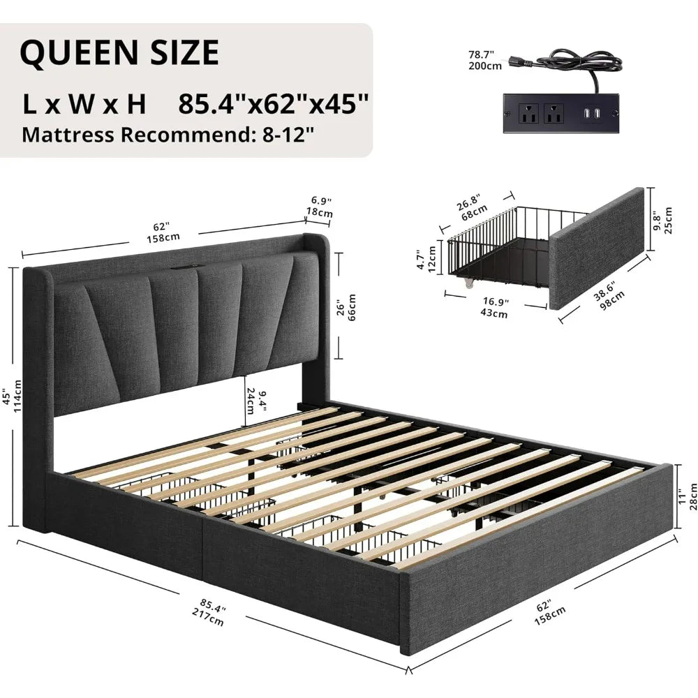 Bed Frame with Upholstered Headboard, Platform Bed with Storage Drawers and Outlets, Sturdy, Noiseless, No Box Spring Needed