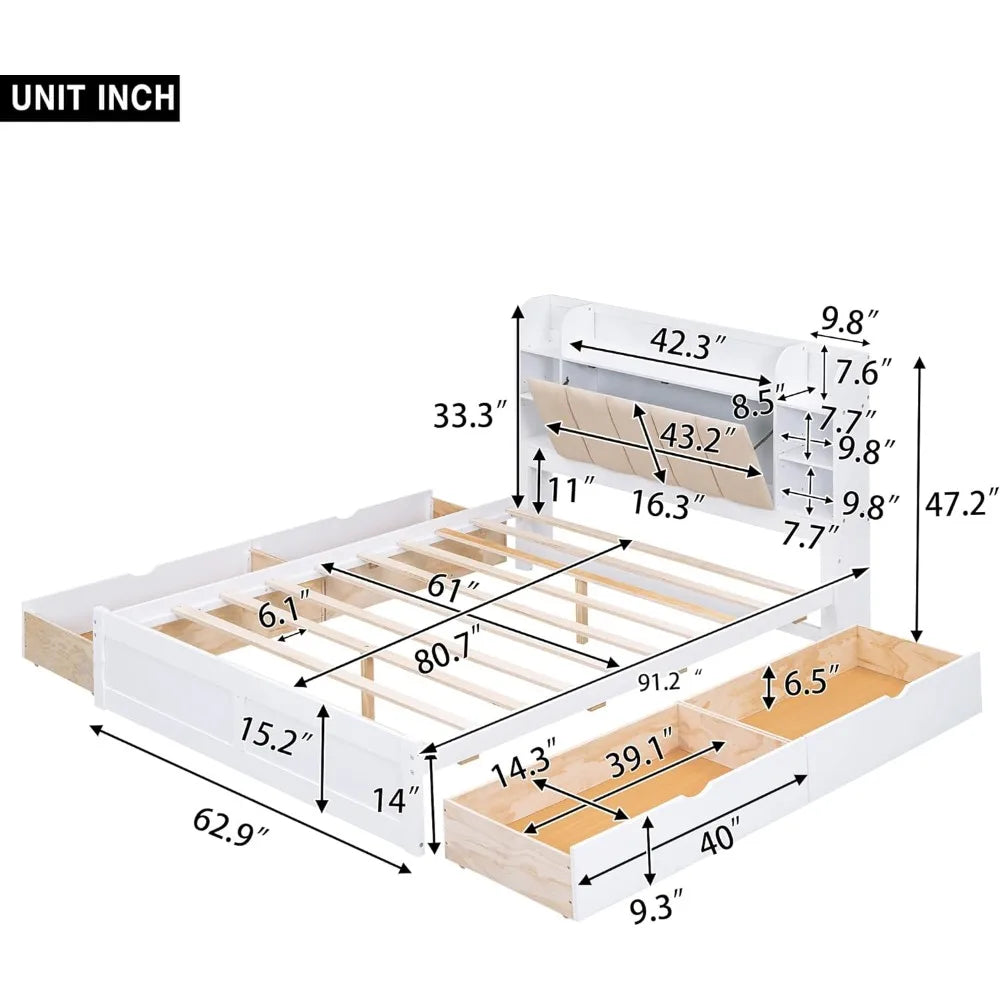 Queen Size Bed Frame with Storage Headboard,Shelves and 4 Drawers, Solid Wood Queen Size Platform Bed Frame