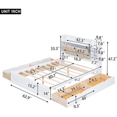 Queen Size Bed Frame with Storage Headboard,Shelves and 4 Drawers, Solid Wood Queen Size Platform Bed Frame