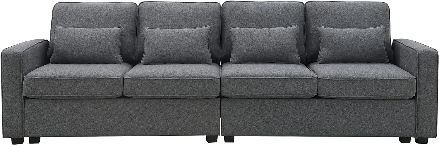 Linen Fabric Sofa with Armrest Pockets and 4 Pillows, Minimalist Style 4-Seater Couch for Living Room, Apartment