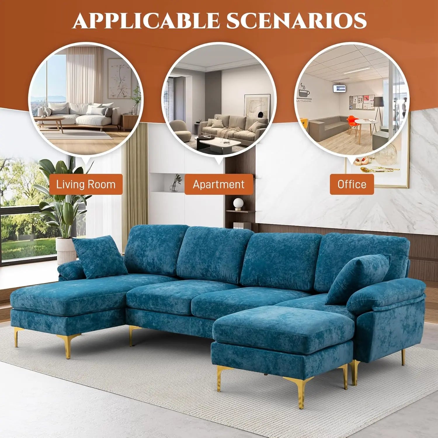 U-Shaped Sectional Sofa Couch, 4 Seat Sofa Set for Living Room, Convertible L-Shaped Velvet Couch Set with Chaise Lounge