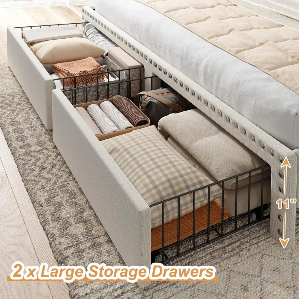 King Size Bed Frame with Storage and Headboard,Upholstered King Bed Frame with Storage & 2 Drawers,NO Noise,No Box Spring Needed