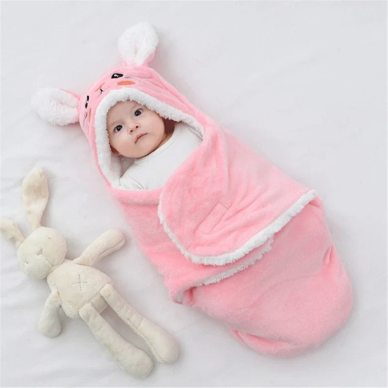 Soft Flannel Winter Warm Baby Swaddle Blanket Thicken Plush Lining Hooded Blanket for 0-6 Months Newborn Envelope Cocoon Blanket