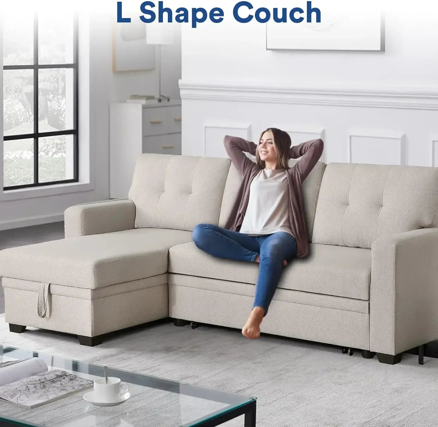 L Shaped Chaise Couch with Storage and Pull Out Bed Multifunctional Comfy Sectional Sleeper Sofa, Beige