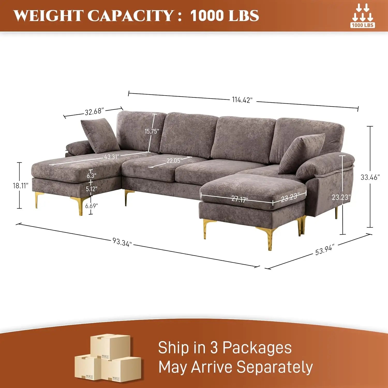 U-Shaped Sectional Sofa Couch, 4 Seat Sofa Set for Living Room, Convertible L-Shaped Velvet Couch Set with Chaise Lounge