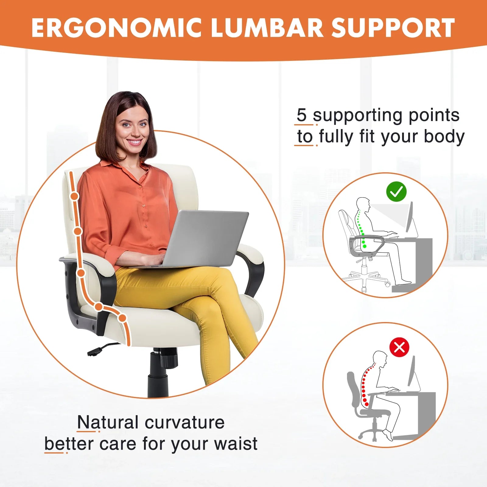 JHK PU Leather Ergonomic Padded Armrest Office Chairs Adjustable Height Rolling Swivel Wheel With Lumbar Support For Office