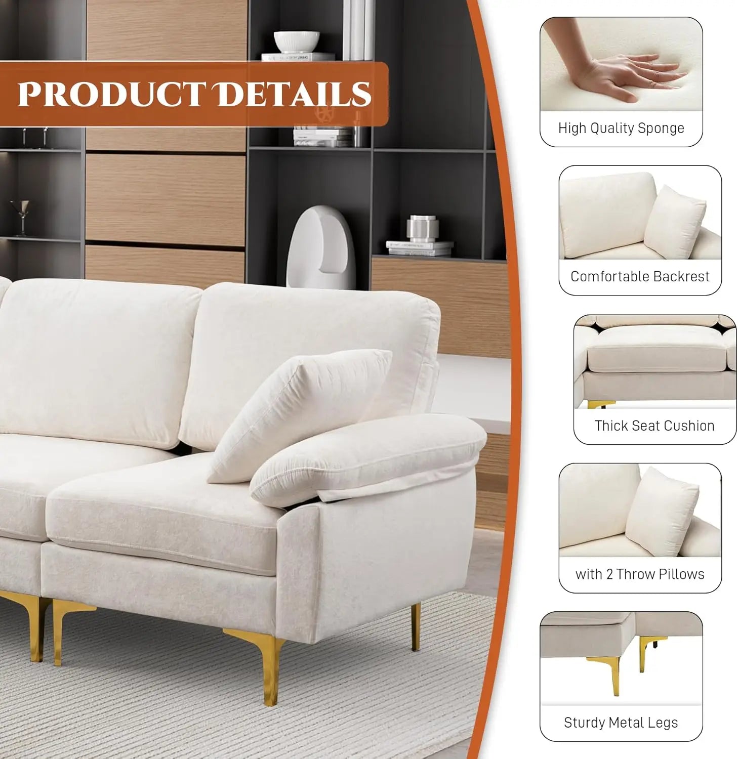 U-Shaped Sectional Sofa Couch, 4 Seat Sofa Set for Living Room, Convertible L-Shaped Velvet Couch Set with Chaise Lounge