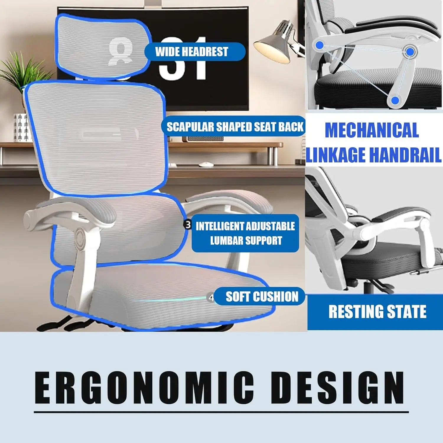 Ergonomic Home Office Chair Work Swivel Chairs with Wheels, Breathable Mesh Back Gaming Chair Adjustable Headrest