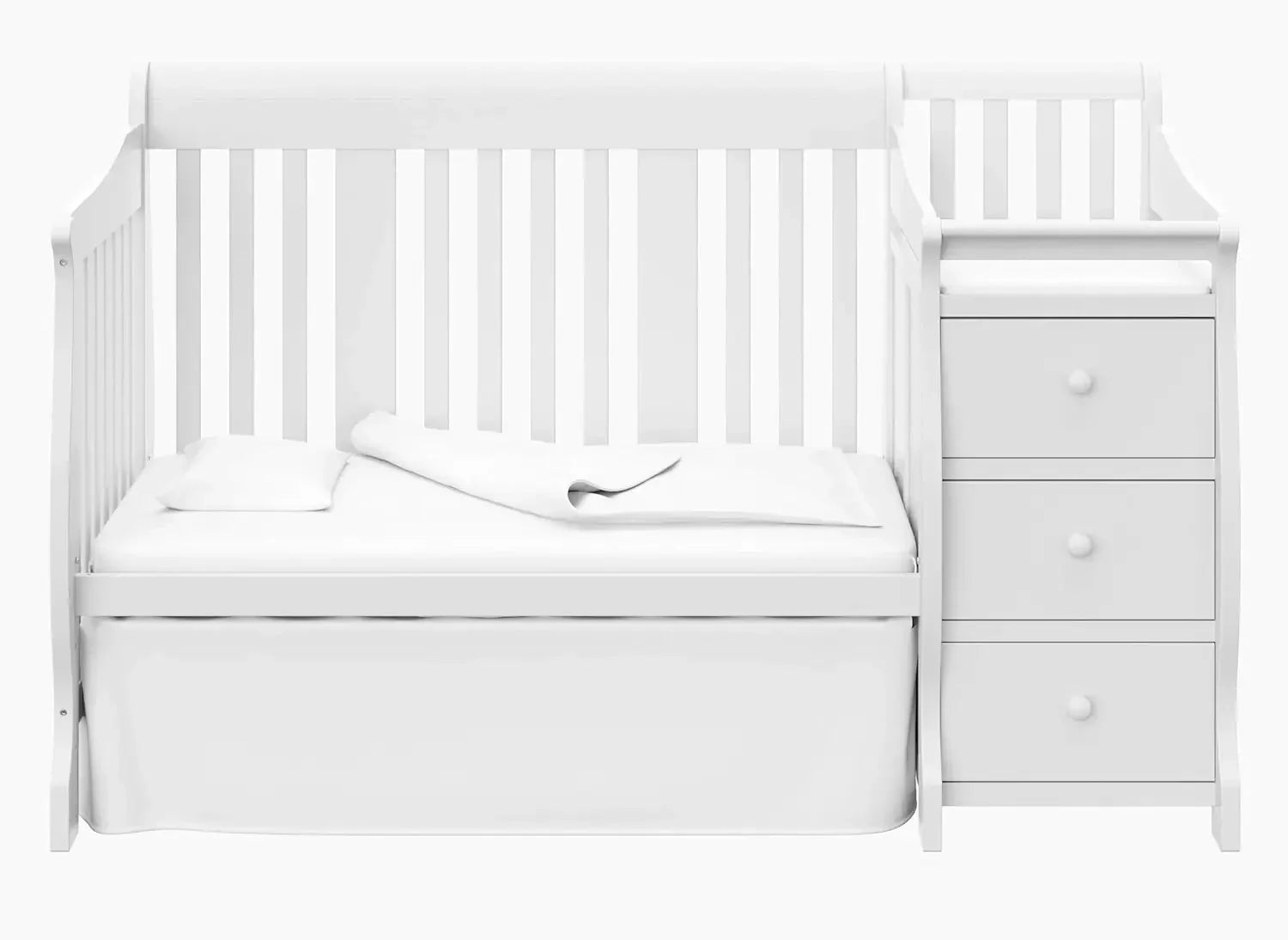 Storkcraft Portofino 5-in-1 Convertible Crib and Changer (White) – Changing-Table Combo with Drawer, Converts to Toddler Bed,