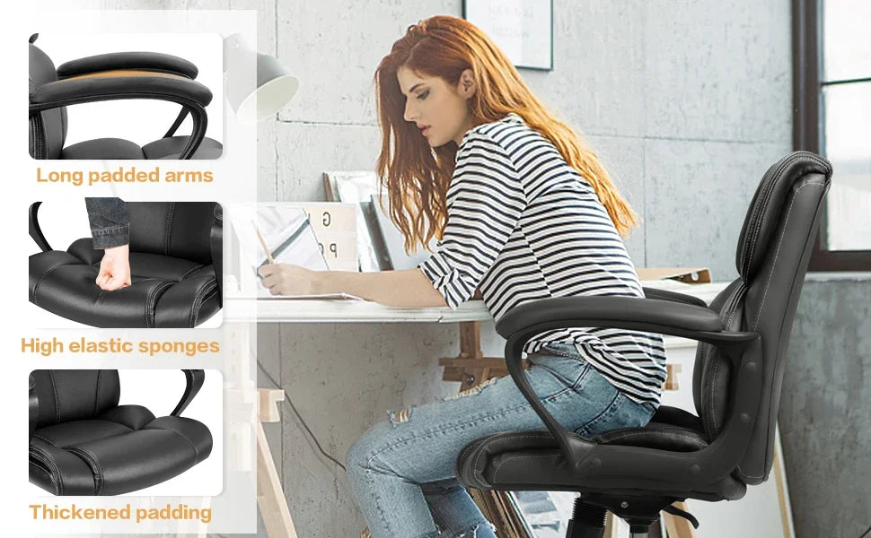 Back Executive Office Chair Swivel Computer Task Chair with Armrests,Ergonomic Leather-Padded Desk Chair with Lumbar Support