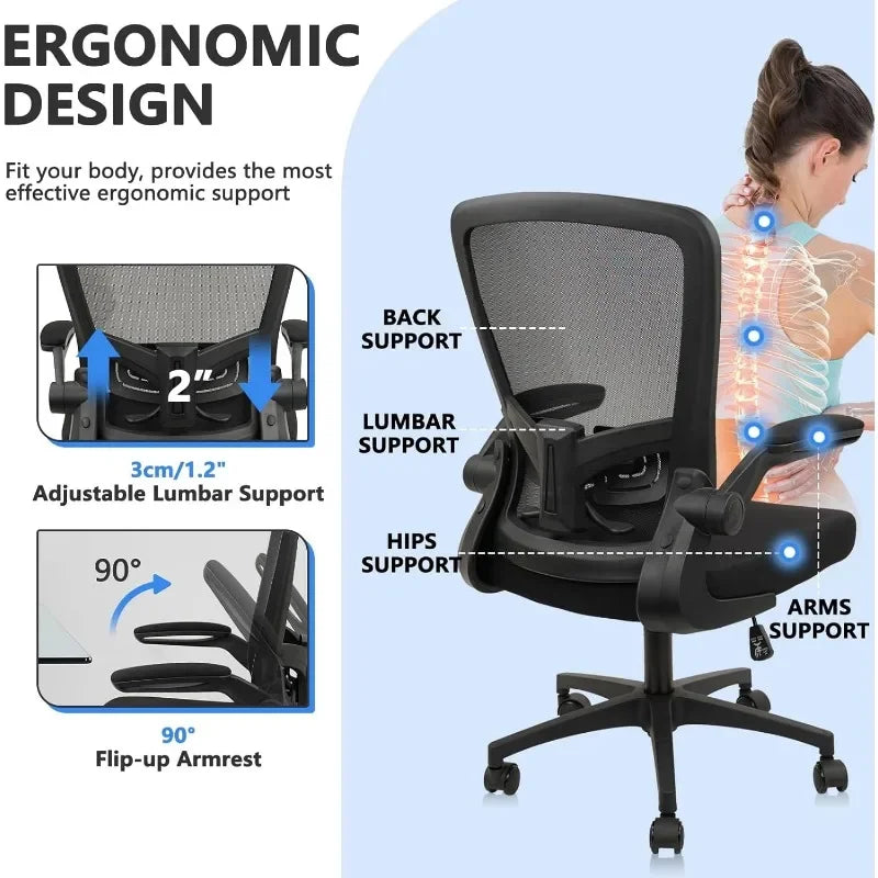 Desk Chairs with Wheels, Ergonomic Mesh Office Chair Adjustable Height and Swivel Lumbar Support  Chair with Flip Up Armrests