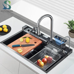 304 Stainless Steel Kitchen Waterfall Sink Digital Display Large Single Sink Dish Basin Sink With Multifunction Touch Waterfall