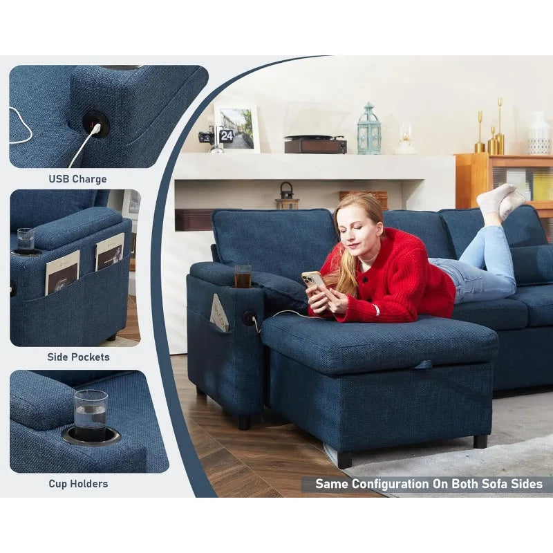 DURASPACE Sofa Bed Pull Out Couch Sleeper with Storage Chaise, with USB Charging Ports, Cup Holder