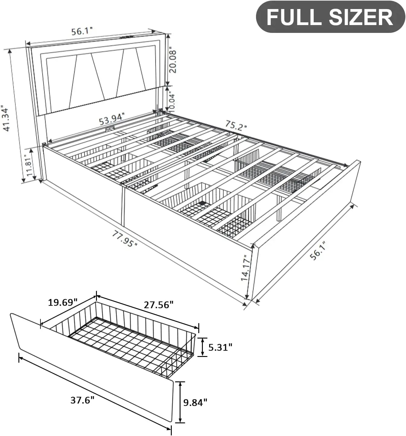 Bed Frame, Adjustable Headboard with LED Lights and 4 Stoarge Drawers, Upholstered Platform Bed with Charging Station, Bed Frame