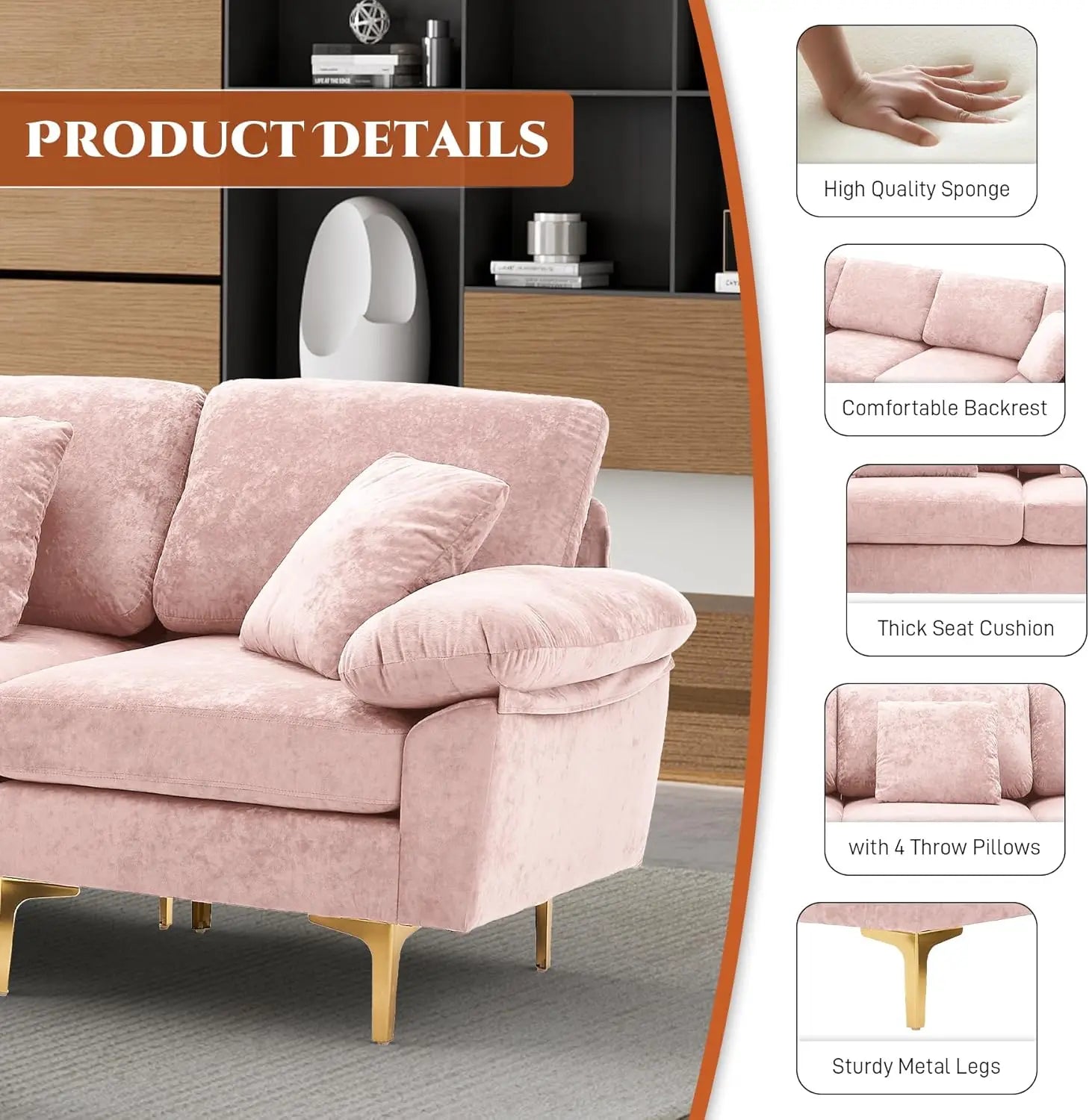 U-Shaped Sectional Sofa Couch, 4 Seat Sofa Set for Living Room, Convertible L-Shaped Velvet Couch Set with Chaise Lounge