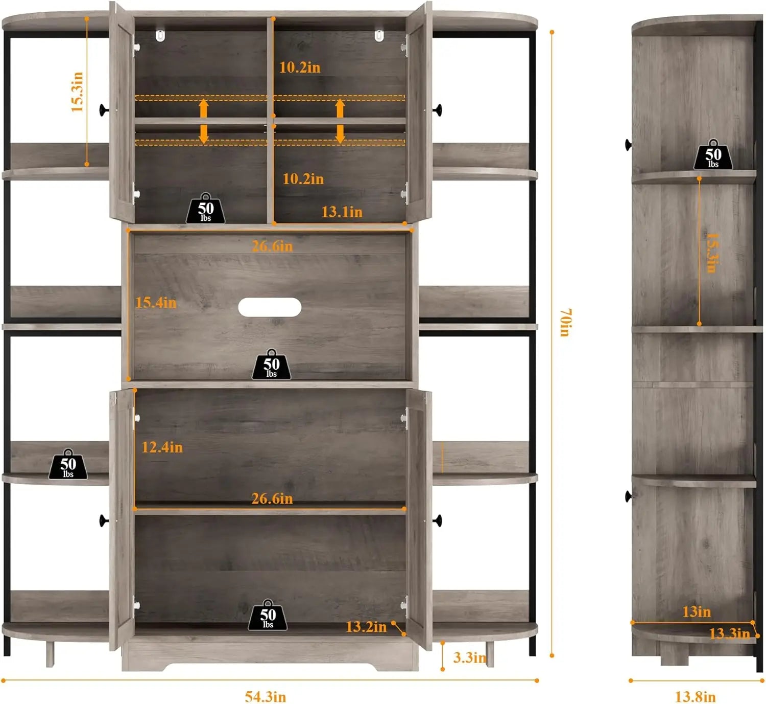 70" Kitchen Pantry Storage Cabinet, Tall Kitchen Hutch Cabinet with Microwave Stand, Industrial Pantry Cabinet with 8 Open