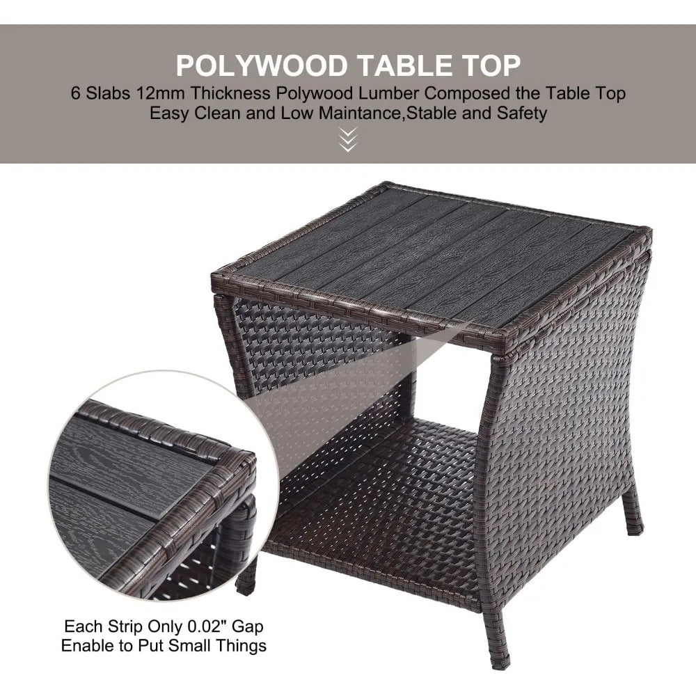 Outdoor Patio Side Table Set of 2 Small Brown Wicker Rattan End Table for Outside Storage Coffee Table with Poly LumberTableTop