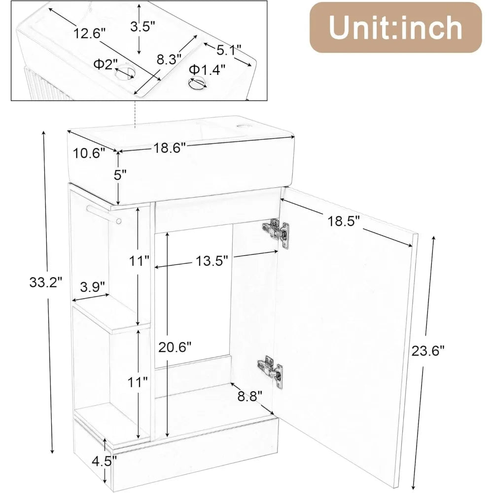 Small Bathroom Vanity with Sink, Freestanding Bathroom Vanity with Toilet Paper Holder & 1 Door, Wood Bathroom Cabinet