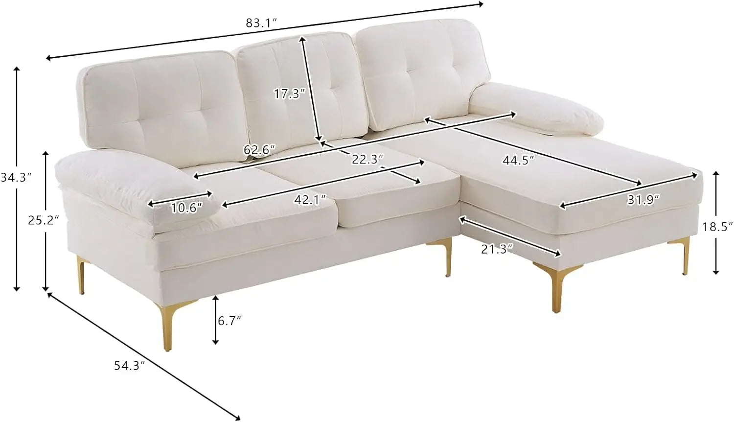 L-Shape Sofa Couch 3-Seat Couch with Chaise ChenilleFabric Upholstered for Living Room, Apartment, Office, Creamy-White