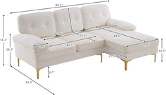 L-Shape Sofa Couch 3-Seat Couch with Chaise ChenilleFabric Upholstered for Living Room, Apartment, Office, Creamy-White