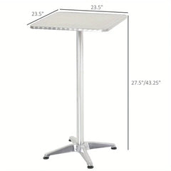 24"L Adjustable Height Pub Bar Table Home Silver Aluminum Indoor Outdoor Patio