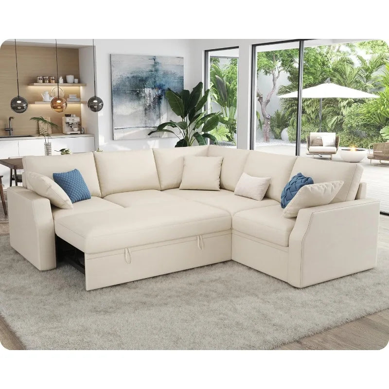 VanAcc Sofa Bed, 85 Inch Sleeper Couch with Storage Seat, L Shaped Sofa with Pull Out Sofa Bed, Sectional Couches