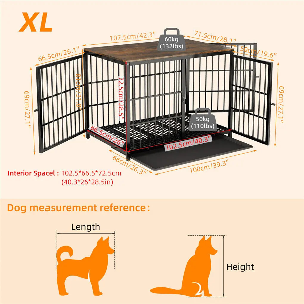 Heavy Duty Dog Kennels Metal Wooden Dog Crate End Table Furniture Style Pet Cage with Three Doors and Removable Tray