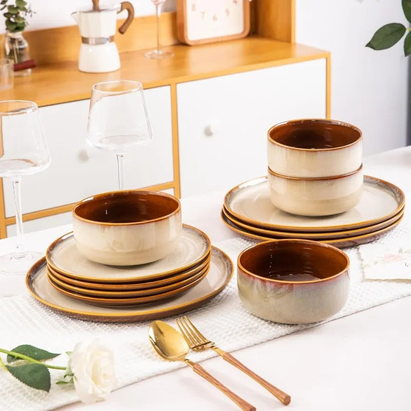 Ceramic Dinnerware Sets,12-Piece Plates and Bowls,Handmade Reactive Glaze Dishes Set,Chip Resistant and Scratch Resistant