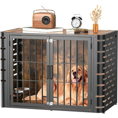 Dog Crate, Large and Medium Dogs, Decorative Pet House End Table, Rounded-Corner Wooden Cage Kennel Furniture, Modern Dog Crate