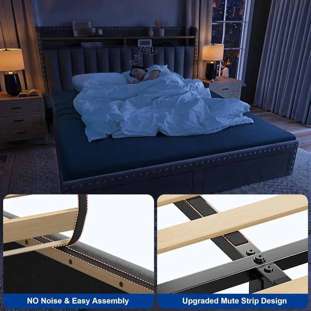 King Size Bed Frame with Storage and Headboard,Upholstered King Bed Frame with Storage & 2 Drawers,NO Noise,No Box Spring Needed