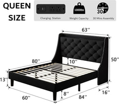 Queen Bed Frame with 16" Deluxe Wingback & Charging Station,Upholstered Platform Bed with Button Tufted Storage Headboard, Black