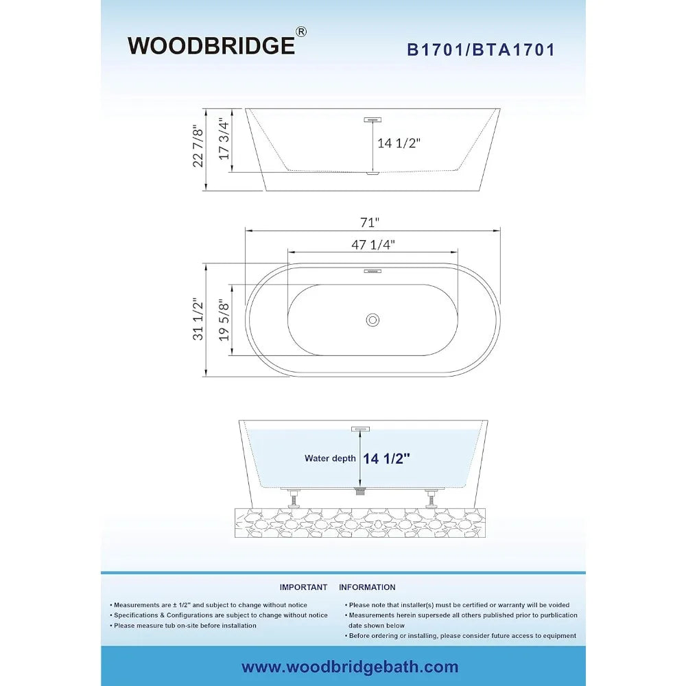 71" Acrylic Freestanding Bathtub Contemporary Soaking White Tub with Matte Black Overflow and Drain Easy Clean,Easy Maintenance