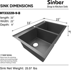 Drop in Double Bowl 304 Stainless Steel Kitchen Sink (33” x 22” x 9”(Black Sink Only))