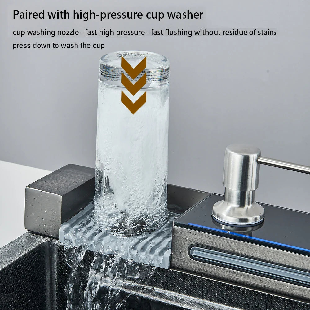 304 Stainless Steel Kitchen Waterfall Sink Digital Display Large Single Sink Dish Basin Sink With Multifunction Touch Waterfall